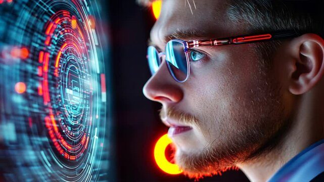 Tech Visionary: A focused individual, glasses perched on their nose, delves into the complex world of technology. Their gaze is fixated on a dynamic interface.