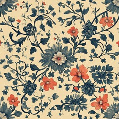Pattern seamless of Elegant Floral Pattern with Colorful Flowers and Leaves on Soft Cream Background