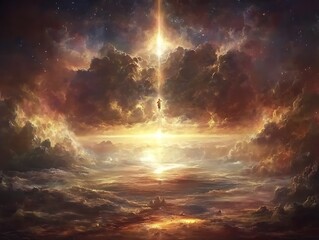 Figure Ascends into Light Amidst Sunset Clouds