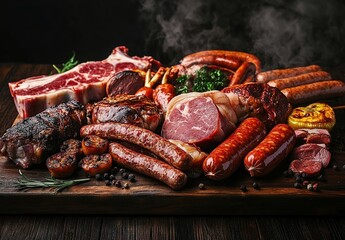 A variety of grilled and raw meats, including steaks, sausages, and pork chops, arranged on a wooden cutting board. 