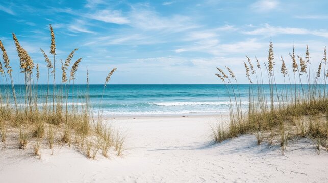 A serene beach scene with golden sands, ocean waves, and tall grass swaying in the breeze under a clear blue sky.