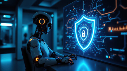 Futuristic robot working on a cyber security dashboard with blue and green digital interface elements, indicating advanced technology in cybersecurity and data protection.