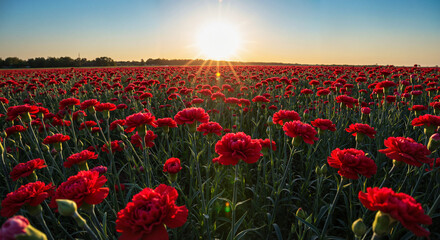 Obraz premium Red Carnation Field at Sunset, Red and Orange, Floral Landscape Background