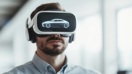 A man wearing virtual reality goggles experiences a digital car model, showcasing innovative technology in automotive design and visualization.
