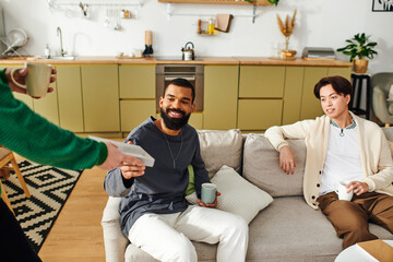 Engaging discussion among young men in a cozy home book club setting