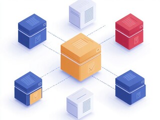 A colorful graphic depicting interconnected boxes, showcasing a central yellow box surrounded by blue and red ones, symbolizing organization or data management.