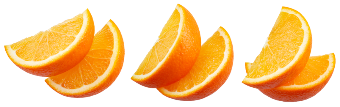 Orange slice isolated png. Orang slices on transparent background. Cut orange fruit set no background. Png collection. Full depth of field.