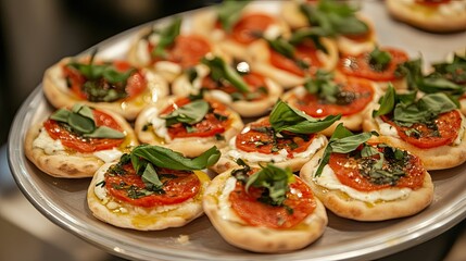 A plate of mini Margherita pizzas served as appetizers with fresh basil and olive oil drizzle.