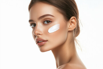 Fototapeta premium Portrait of young beautiful brown-eyed woman with thinly face cream on cheekbones, isolated on white background