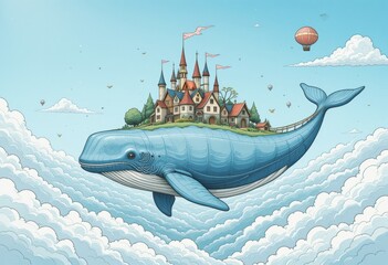 whale flying in the sky with a city on the whale