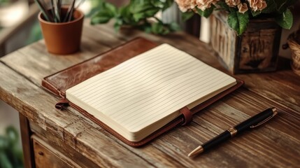 Fototapeta premium Open journal with lined pages, a bookmark ribbon, and a stylish pen placed beside it on a wooden table.