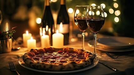 A romantic dinner setting in an Italian restaurant with candlelight, wine, and a delicious pizza.