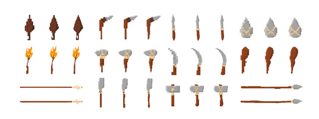 A variety of pixel art weapons and tools with different shapes and designs. includes axes and spears.