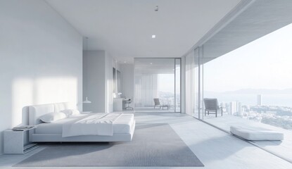 Modern minimalist bedroom interior with large windows and scenic views