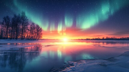 Fototapeta premium Experiencing the Aurora Borealis Over a Frozen Lake at Dusk