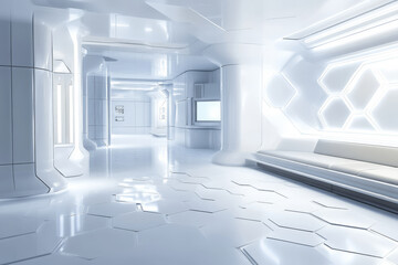 A glossy white 3D background with hexagonal tiles resembling a futuristic medical lab or clean high-tech environment. The sleek surfaces reflect soft ambient light, creating a bright and sterile