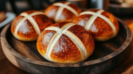 Four golden, crusty buns on a wooden plate
