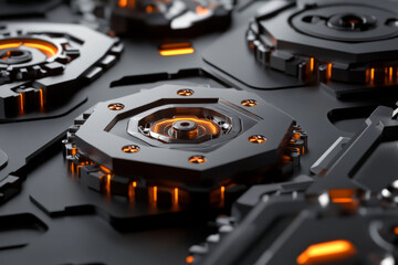 A mechanical 3D background where hexagonal plates slide open and close, revealing intricate gears and glowing circuits underneath. The combination of industrial mechanics and futuristic neon lighting