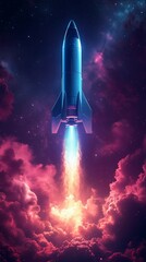 Illustration of rocket taking off,red and blue colors against dark background,space-themed poster