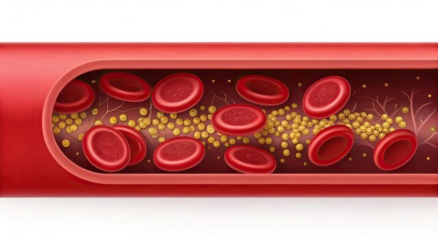 Blood cells play a crucial role in cholesterol transport and regulation. A digital illustration of red blood cells flowing through a blood vessel, showcasing their structure 