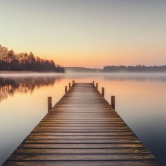 Obraz premium Serene sunrise over calm lake with wooden pier extending to tranquil waters.