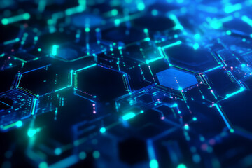 Obraz premium A high-tech, circuit board-inspired 3D background with glowing hexagons interconnected by thin, bright neon pathways. The deep blue and green tones add a futuristic cyber vibe, ideal for digital