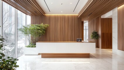 Modern reception area showcasing natural wood and white accents