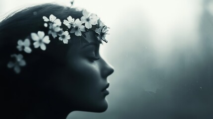Serene woman profile, flower crown, dreamy forest background.