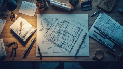 Fototapeta premium Top-down view of an architects notebook with sketches and blueprints on a professional desk.