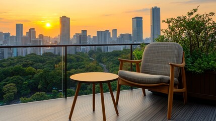 A serene balcony view featuring a comfortable chair and table overlooking a city skyline at sunset, surrounded by greenery.