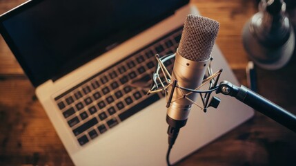 Top-down view of a modern podcasting workstation with an open laptop and microphone.