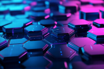 Fototapeta premium A digital-inspired 3D background featuring fragmented hexagons, some dissolving into pixel-like structures. The glitch effect, combined with neon blue and magenta lighting, adds a cyber-digital
