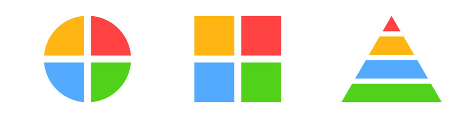 Simple geometric shapes in red, yellow, blue, and green. each shape features distinct sections.