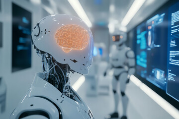 A sleek AI research lab 3D background room with robotic assistants, transparent display panels, and a holographic AI brain interface suspended in mid-air. The modern, high-tech environment is
