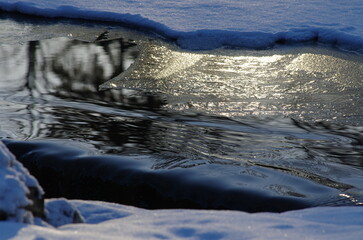 The edges of the melting ice and the spring stream of water flowing and falling to the left during the thaw