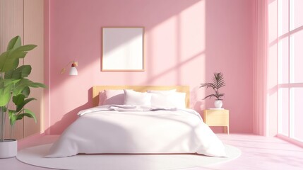 Modern, minimalist, and elegant pink bedroom interior design with a comfortable bed and natural light.