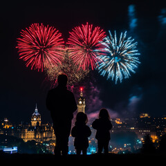 Family watching vibrant fireworks display against a night sky
