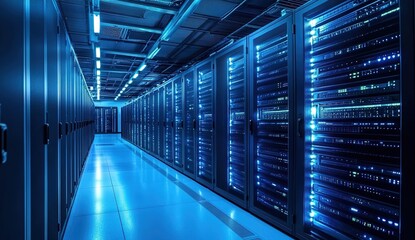 Fototapeta premium A long corridor filled with server racks on both sides, illuminated by cool blue lighting from the ceiling and the glowing lights on the servers. 