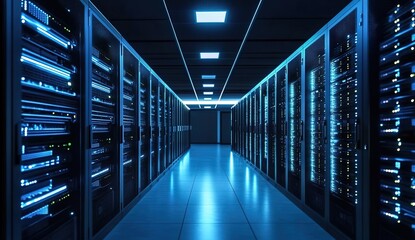 Fototapeta premium A long corridor filled with server racks on both sides, illuminated by cool blue lighting from the ceiling and the glowing lights on the servers. 