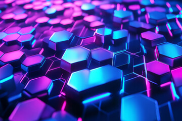Fototapeta premium A neon cyberpunk 3D background where hexagonal tiles pulse in rhythmic synchronization, mimicking an equalizer or soundwave effect. The bright, electric hues of blue, magenta, and purple contrast