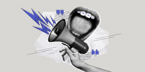 Trendy Halftone Collage screaming mouth and megaphone. Advertising banner with loudspeaker for sale, promotion and marketing. News announcement. Contemporary vector illustration art