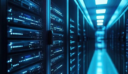 A long corridor filled with server racks on both sides, illuminated by cool blue lighting from the ceiling and the glowing lights on the servers. 