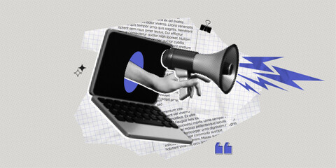 Trendy Halftone Collage Online announce. Hand holding megaphone out of laptop screen. Torn newspaper and blue lightings. Social media news and propaganda. Contemporary vector illustration art