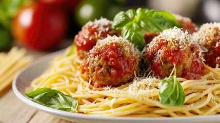 A traditional Italian meatball and spaghetti dish, served with fresh basil and grated parmesan cheese.