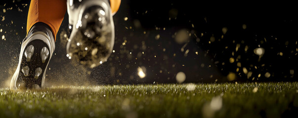 Dynamic close-up of soccer player's cleats on grass during intense match