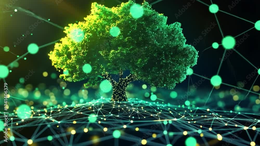 Poster digital tree representing growth and connection in a futuristic forest with luminous particles and n