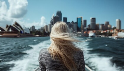 Windswept Blonde Woman Enjoys View of City Skyline From Ferry, Travel and Freedom Concept
