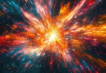A cosmic explosion scene with a bright, glowing core in the center, emitting streaks of light in vibrant colors like orange, red, pink, and blue, against a backdrop of a star - filled space.