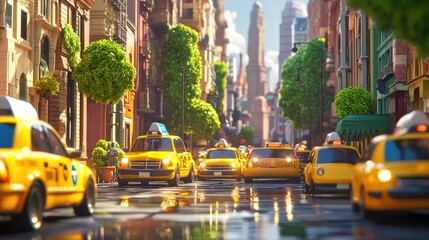 Yellow taxis cruise through a bustling city street adorned with green foliage