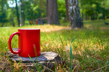Tea time,coffee break. Red cup mug in sunny rays on stump,forest meadow 